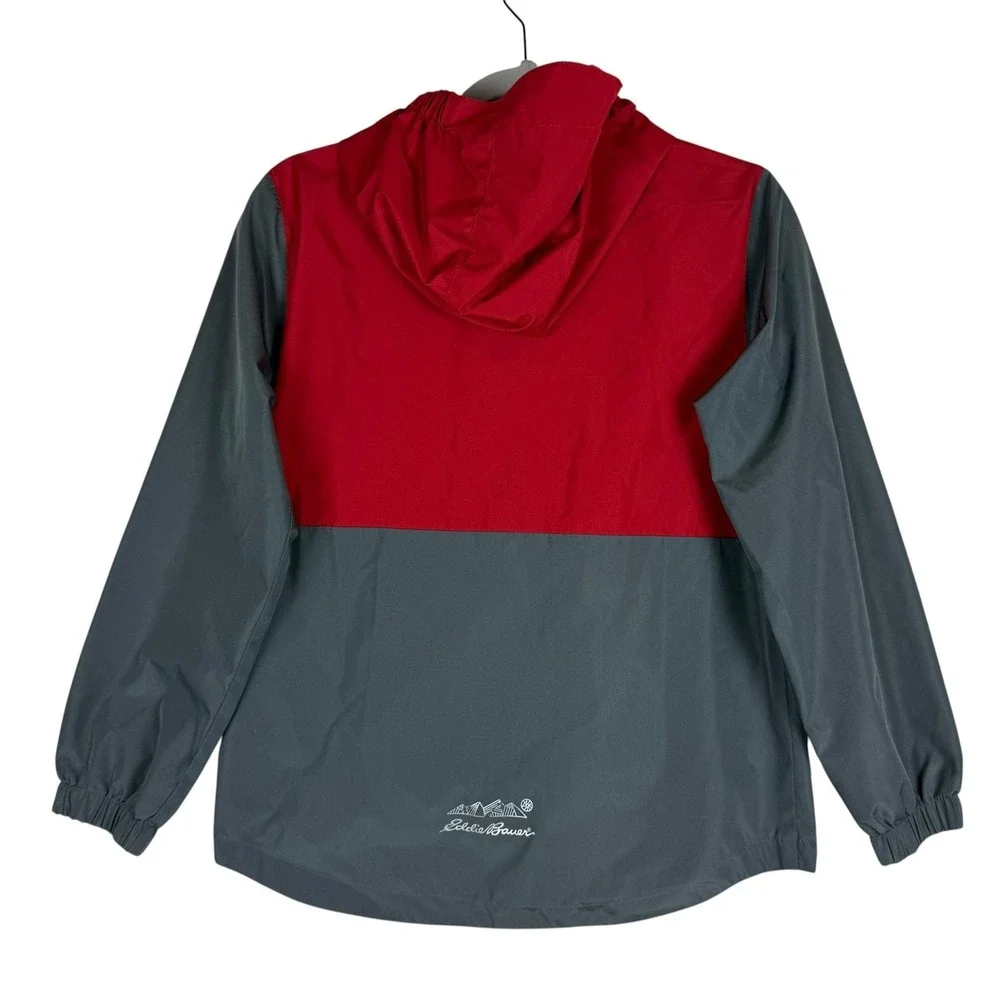 Eddie Bauer Jacket Kids 10/12 Red Gray‎ Hooded Windbreaker Zip Pockets Logo